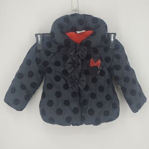 Disney Store Minnie Mouse Black Velvet Dotted Puffer Jacket With Bow Detail